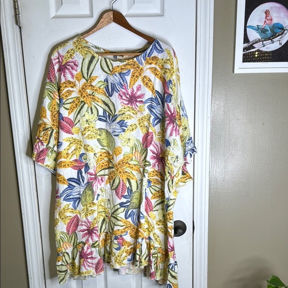 Floral 100% Linen Made in Italy Yellow and Pink Oversized Tunic Dress - Picture 1 of 8
